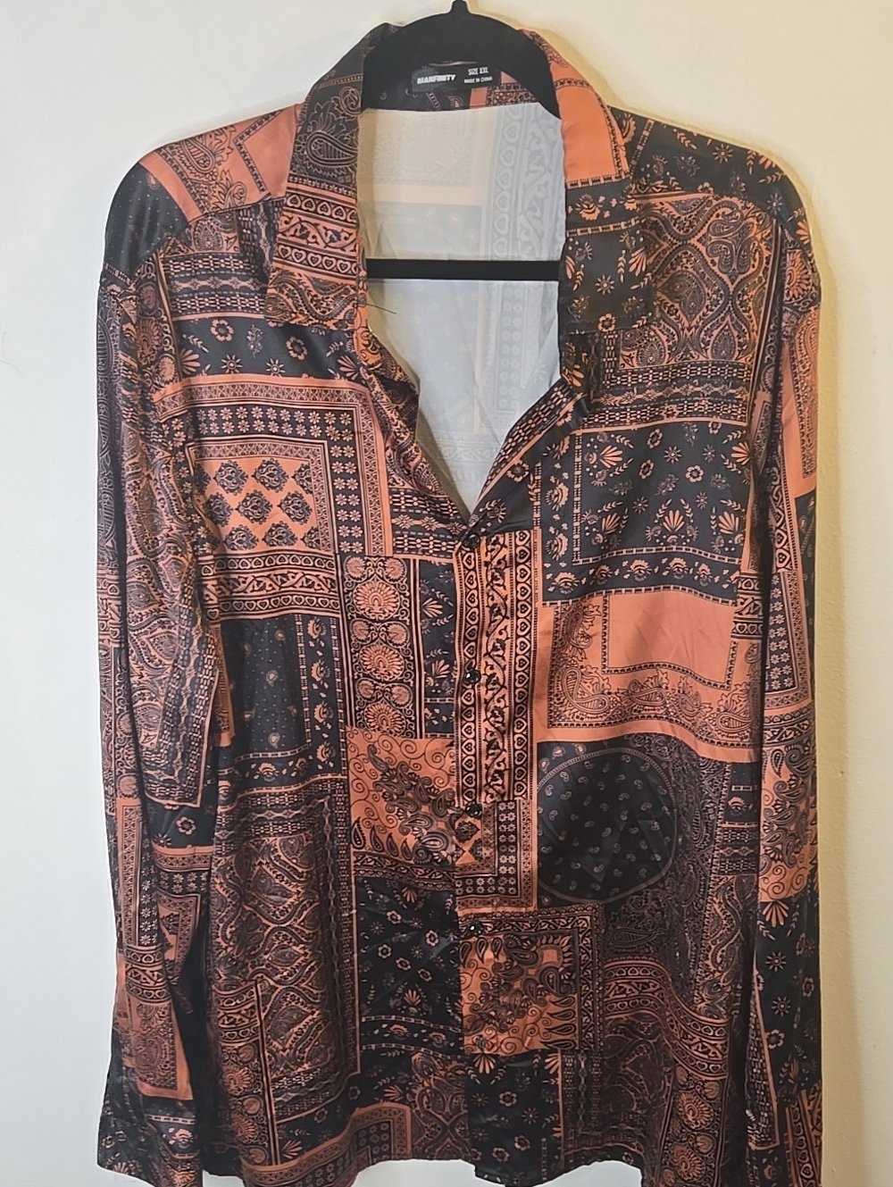 Men's Black and Rust Patchwork-Print Button Down Shirt